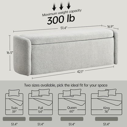 VKNOW Storage Bench, Upholstered Storage Ottoman Bench with Hinge, Grey | Ottoman Bench with Large Capacity, Curved Frame, King Size Bench, Storage Bench for Bedroom, Living Room, Entryway, Window