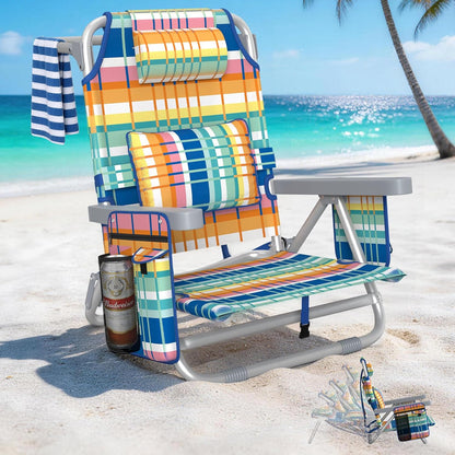 5-Position Backpack Beach Chair for Adults with Lumbar, Foldable Tall Heavy-Duty Beach Chairs with Cooler Bag,Cup Holder,Towel Rack for Beach, Camping, Outdoor