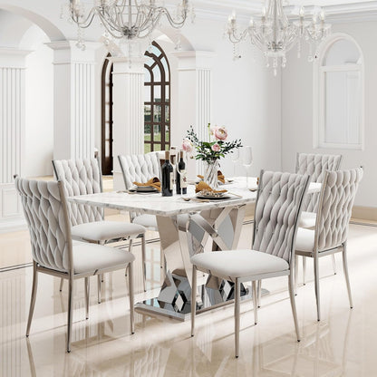 Modern Dining Chairs Set of 6, Light Grey Velvet Woven Kitchen Chair with Silver Metal Legs, Upholstered Cushion & High Back Design, Mid-Century Dining Chairs for Kitchen, Living Room