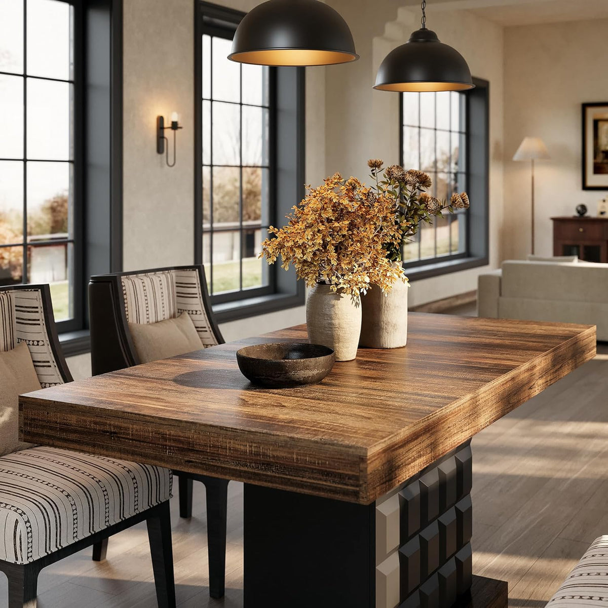 LITTLE TREE 63" Modern Dining Table, Rectangular Dinner Table for 4-6, Farmhouse Kitchen Table, Sturdy Wood Pedestal Base for Kitchen/Dining Room, Rustic Brown & Black