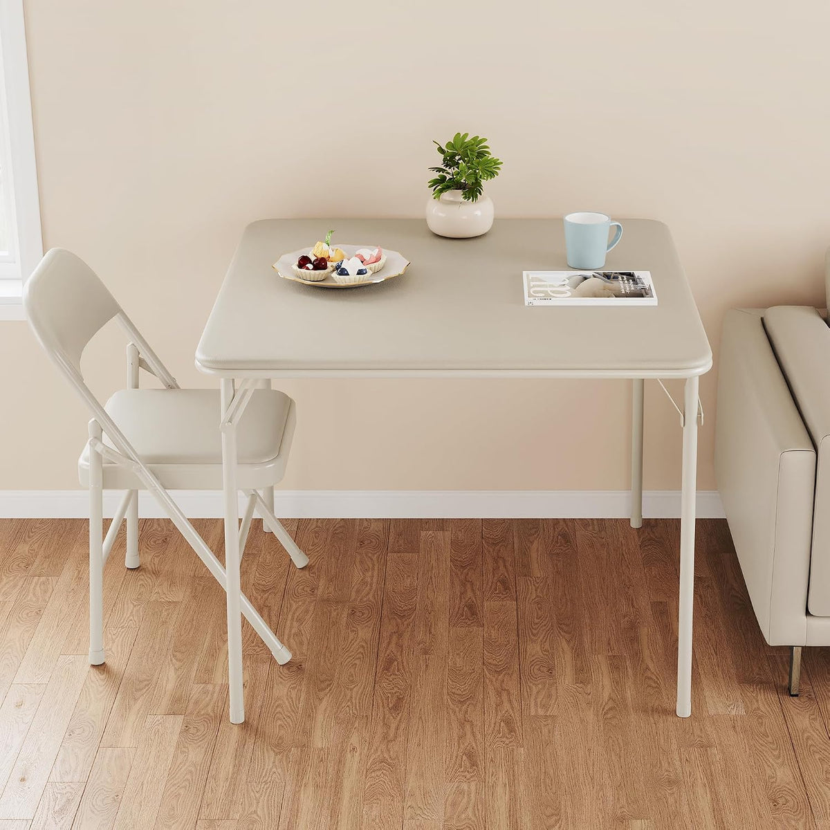 33.6'' Folding Square Card Table, Portable Card Table with Folding Legs & PU Leather Surface, Lightweight Foldable Puzzle Tables for Dining Room, Living Room, Office, Camping, Beige(Table Only)