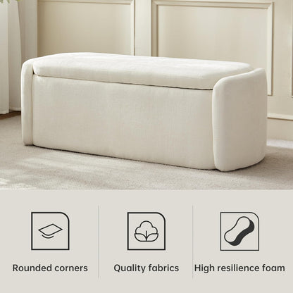 VKNOW Storage Bench, Upholstered Storage Ottoman Bench with Hinge, Cream | Ottoman Bench with Large Capacity, Curved Frame, Soft Fabric, Storage Bench for Bedroom, Living Room, Entryway