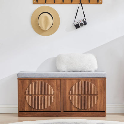 Narrow Shoe Storage Bench for Entryway, Wooden Shoe Cabinet with Flip Drawers& Adjustable Shelves, Shoe Rack Bench with Cushion, Shoe Organizer with Fluted Pattern for Hallway, Living Room (Walnut)