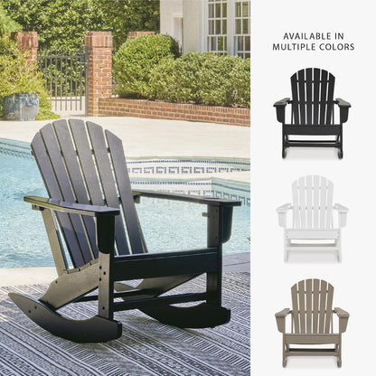 Signature Design by Ashley Sundown Treasure Outdoor Rocking Chair in Black, All-Weather Adirondack Patio Rocker, Durable Weather Resistant HDPE, 250 lb Capacity, 1 Built-In Cup Holder