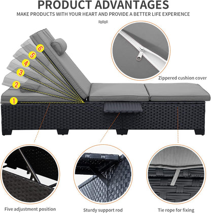 WAROOM Outdoor Chaise Lounge Chairs for Outside Patio Furniture Set of 2 Wicker Recliner Black Rattan Sunbathing Lounger Adjustable Backrest Pool Reclining Chair, Grey Cushion
