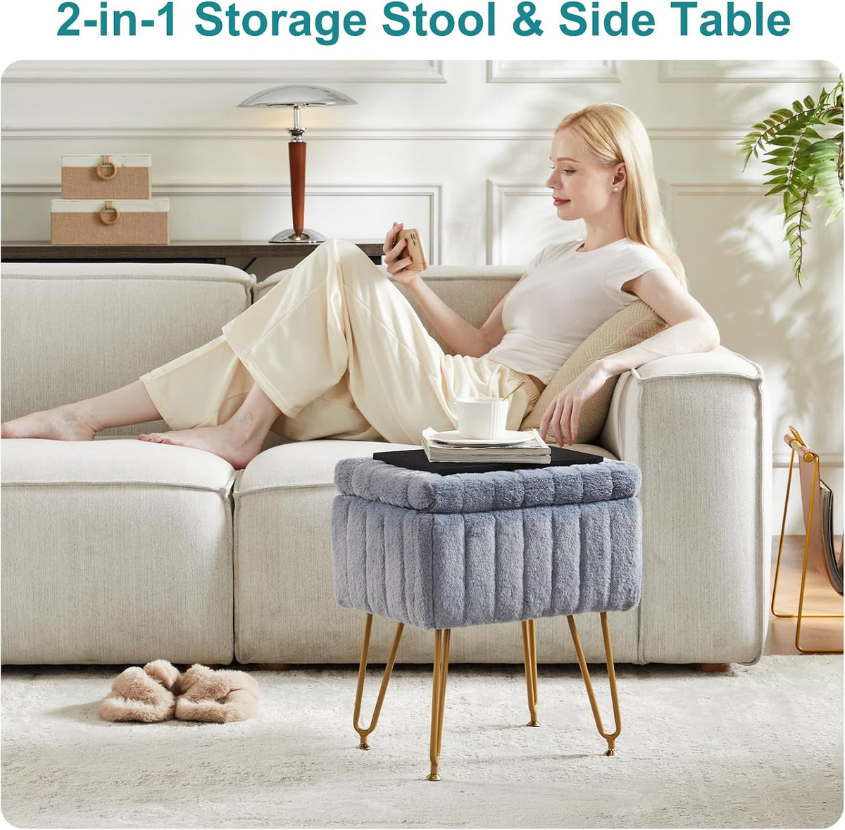 DUMOS Vanity Storage Ottoman Stool, Compact Faux Fur Footstool with Soft Seat, Modern Cute with 4 Metal Legs & Adjustable Feet for Bedroom, Living Room, Dressing Area & Dorm Grey
