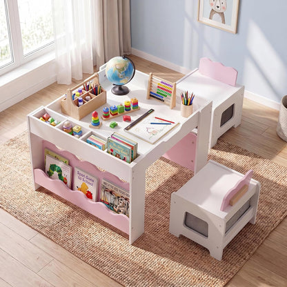 HONEY JOY Wooden Kids Table and Chair Set w/Double-Sided Tabletop | Toddler Activity Table and Chairs w/ Chalkboard, Bookshelves, Small Compartments and Fabric Drawers for Art & Crafts
