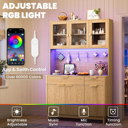 71'' Fluted Kitchen Pantry Cabinet with Power Outlet & LED Light, Food Kitchen Hutch with Countertop, Wood Pantry Storage Cabinet with a Drawer & Shelves for Living Room, Dining Room, Natural
