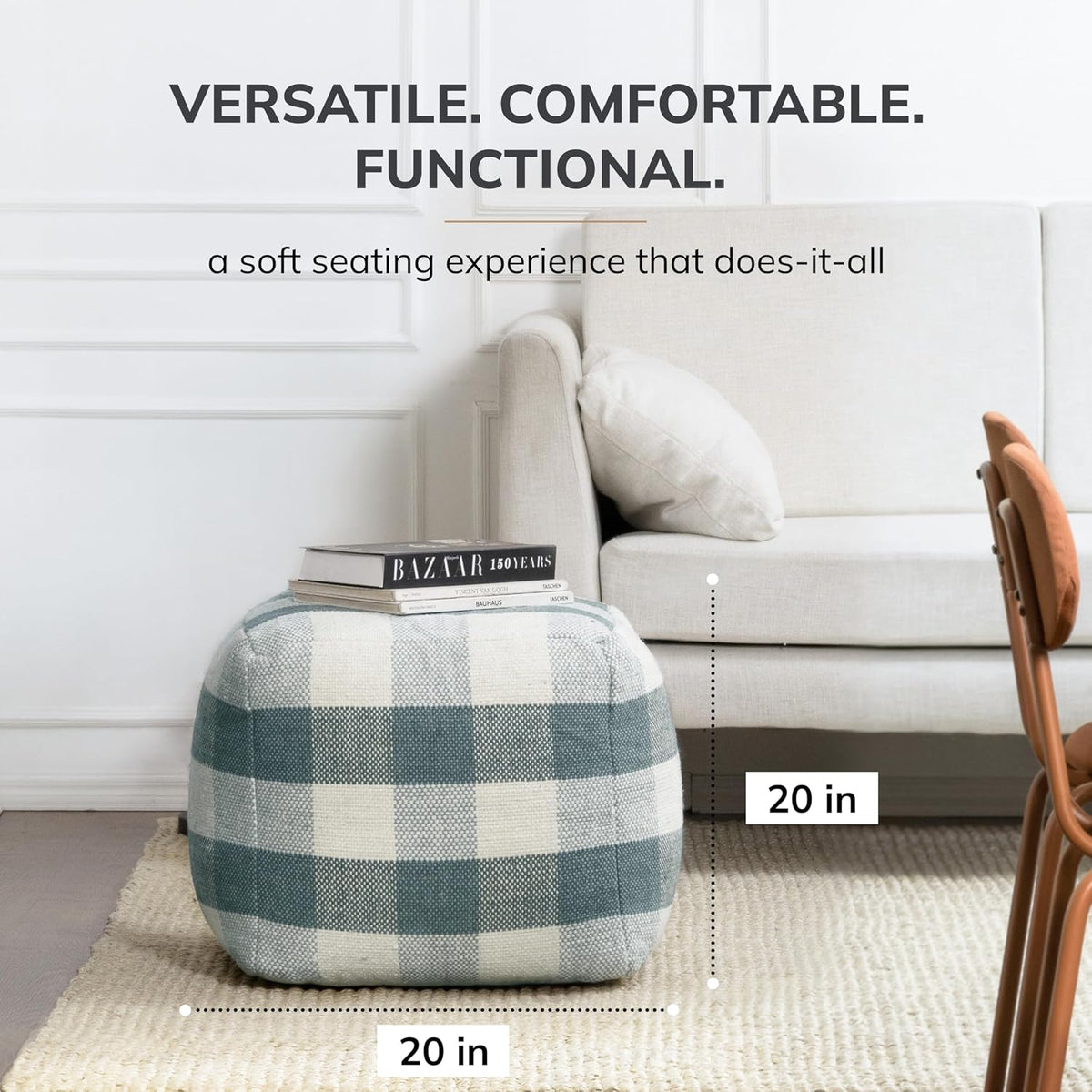 Anji Mountain 20" H x 20" W Handmade Pouf Ottoman for Living Room & Couch | Soft & Fluffy Ottoman Pouf, Lightweight, Decorative Floor Pouf Seating for Bedroom & Home Décor Accent, Sea Mist