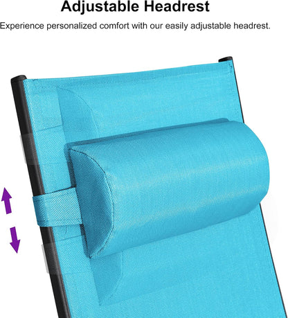 PURPLE LEAF Patio Pool Lounge Chaise Set of 3 Outdoor Chair, Turquoise Blue | 2 Chaise + 1 Table, Aluminum Frame, UV Textilene Fabric, Adjustable Headrest & 5 Recline Angles, Stackable, S-Curve Backrest