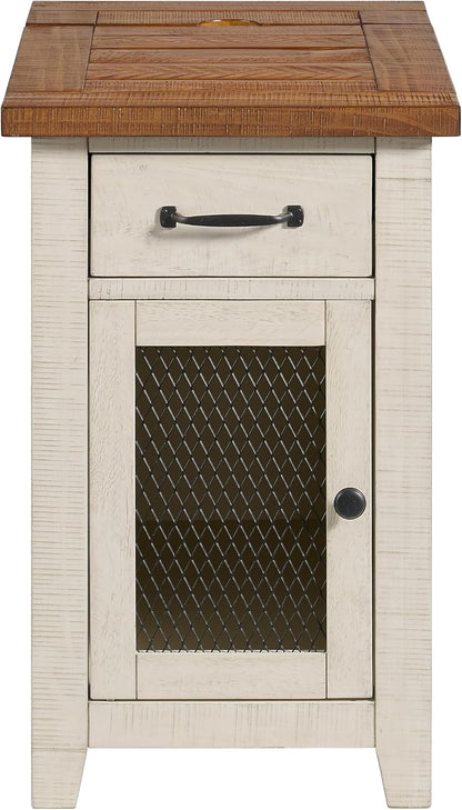 Martin Svensson Home Rustic Solid Wood Chairside End Table, White and Honey | with Power, Cabinet Storage, One Drawer