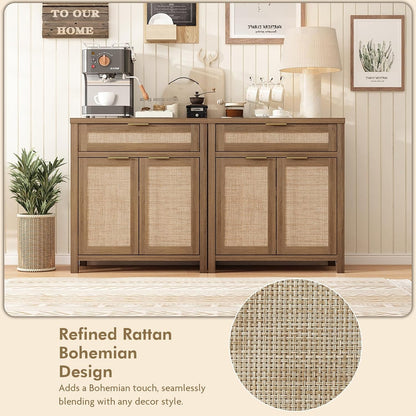 Sideboard Buffet Cabinet with Storage - 30" Rattan Boho Console Cabinets with Drawers, Mid Century Coffee Bar Cabinet for Entryway Living Room, Caramel Oak, Two Doors, Set of 2