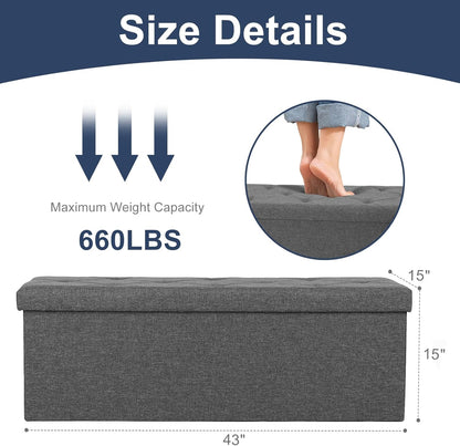 DUMOS 43 Inch Folding Storage Ottoman Bench, Upholstered Ottoman with Storage Holds 660 lbs, End of Bed Foot Rest Stool for Bedroom, Living Room, Entryway, Linen Fabric, Grey