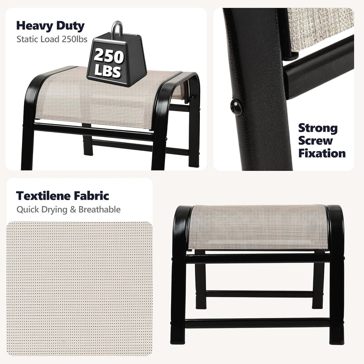 Patio Outdoor Footstool 2 Set, Sturdy Textile Stackable Ottoman Small Seat for Garden Beige