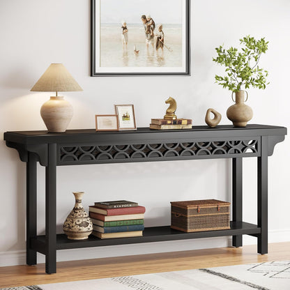 Tribesigns 70.8-Inch Solid Wood Long Console Table, Farmhouse Entryway Table with Storage, Narrow Sofa Table Grey Couch Table for Living Room Entryway Hallway (Black)