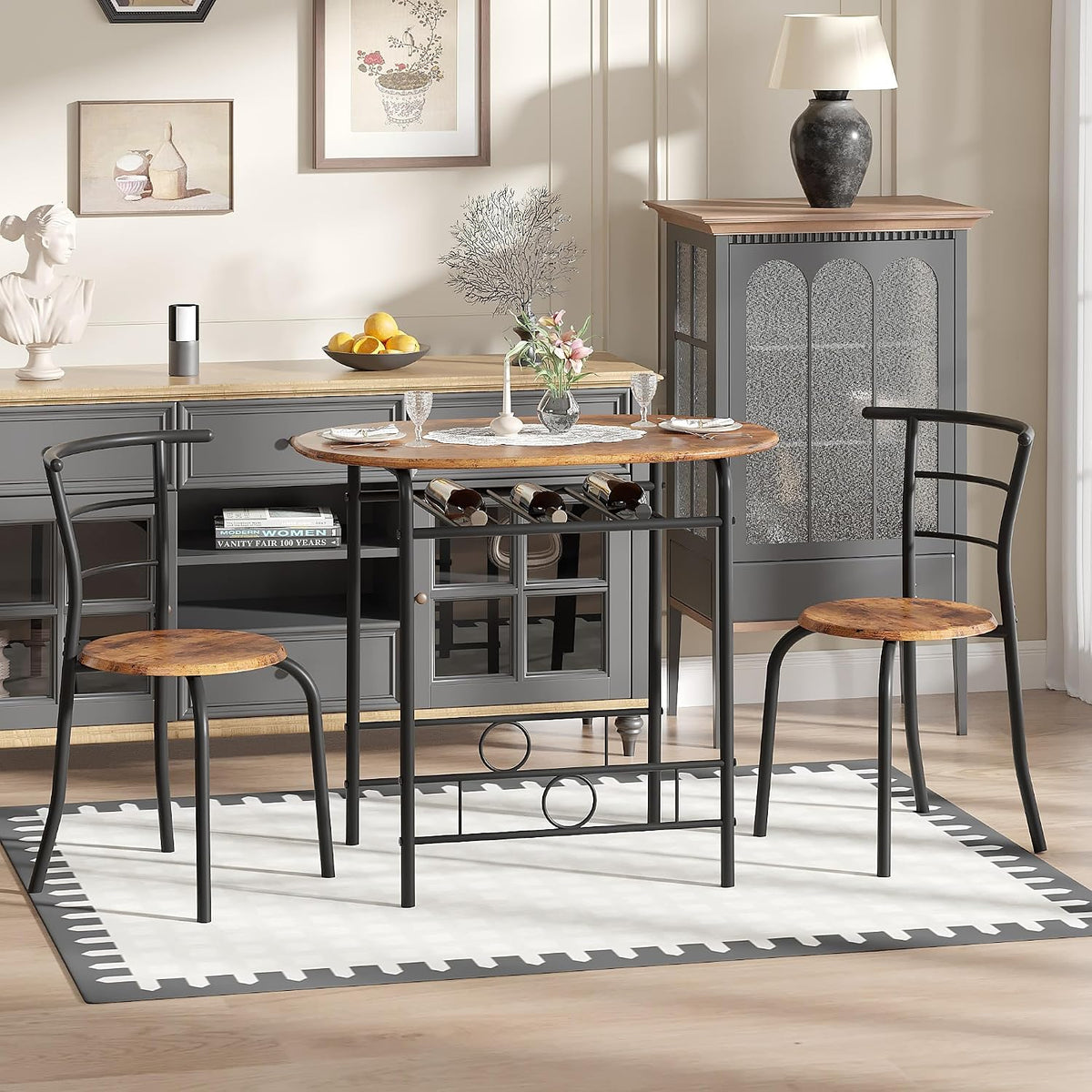 VECELO 3-Piece Dining Table Set for Kitchen Breakfast Nook, Wood Grain Oval Tabletop and Metal Frame with Built-in Wine Rack, for Small Spaces, Antique Brown & Black