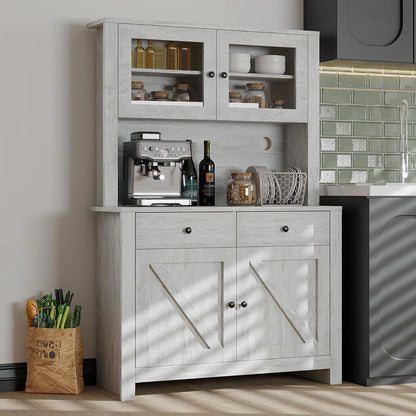 TrailBlaze Freestanding Pantry Cabinet with Microwave Stand - Coffee Bar & Buffet Hutch - 4 Doors and Adjustable Shelves - Tall Storage Cupboard for Dining Room - Color: Grey