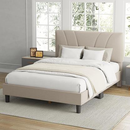 Avenco Queen Bed Frame, Upholstered Platform Queen Size Bed Frame with Adjustable Headboard, Easy Assembly, No Box Spring Needed, Beige