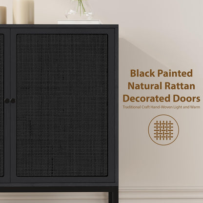 Yechen Full Black Rattan Cabient, Boho Sideboard Cabinet with Natural Rattan Decorated Doors, 31.5" W Accent Cane Credenza Buffet Console Storage, for Living Room Entryway Kitchen, Metal Legs/Set of 3