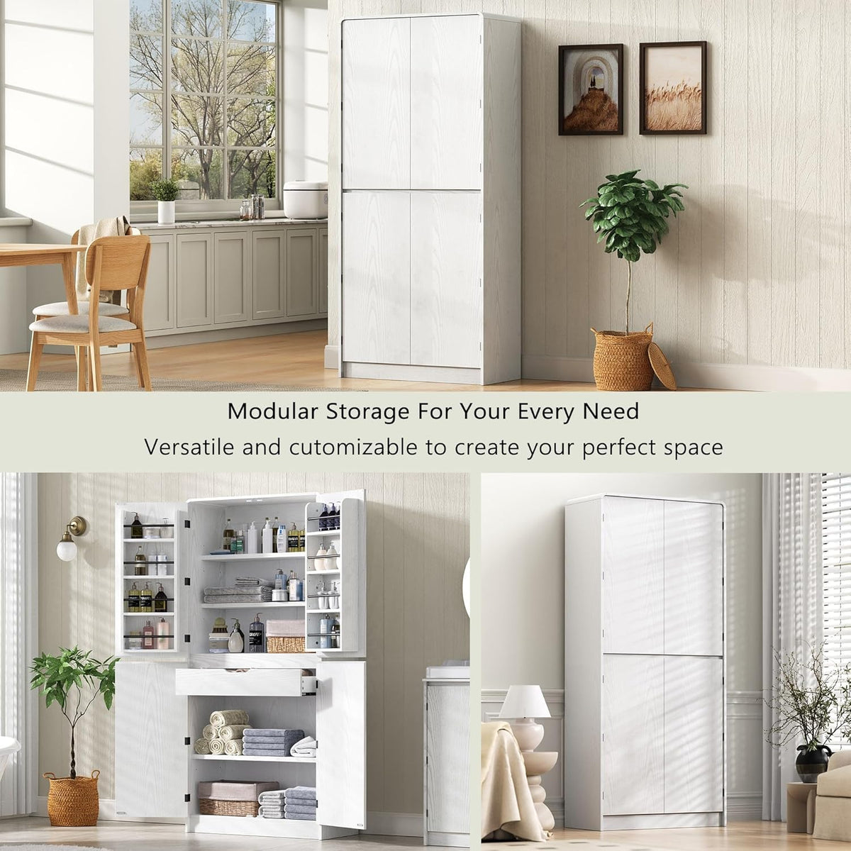 72" Tall Farmhouse Pantry Cabinet with Curved Design - Kitchen Storage Cabinet with 8 Door Shelves, 3 Adjustable Shelves & 1 Hidden Drawer, Versatile for Kitchen & Dining Room, White