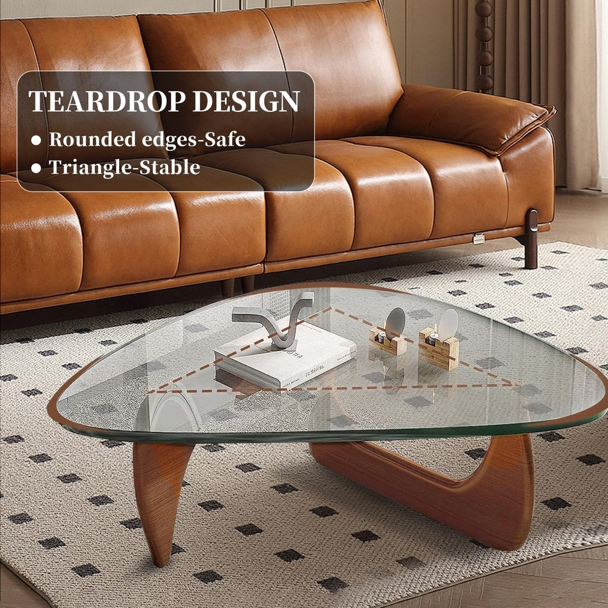 Modern Glass Coffee Table, Mid Century Small Coffee Table, Coffee Table for Living Room,Suitable for Bedroom Living Room Reception Office Tables (Walnut/Transparent, Small)