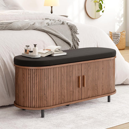 ONBRILL 43" Shoe Bench with Storage, Fluted Shoe Storage Bench with Cushion, Sliding Door and Adjustable Shelf, for Entryway, Hallway, Living Room, Walnut