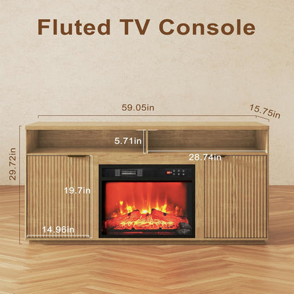 4-Piece Fluted Living Room Set Includes 31.5" Fluted Lift Top Coffee Table,59" Fluted Fireplace TV Stand for TVs Up to 70 inches and 2 Fluted Nightstands with Drawers,Natural Oak