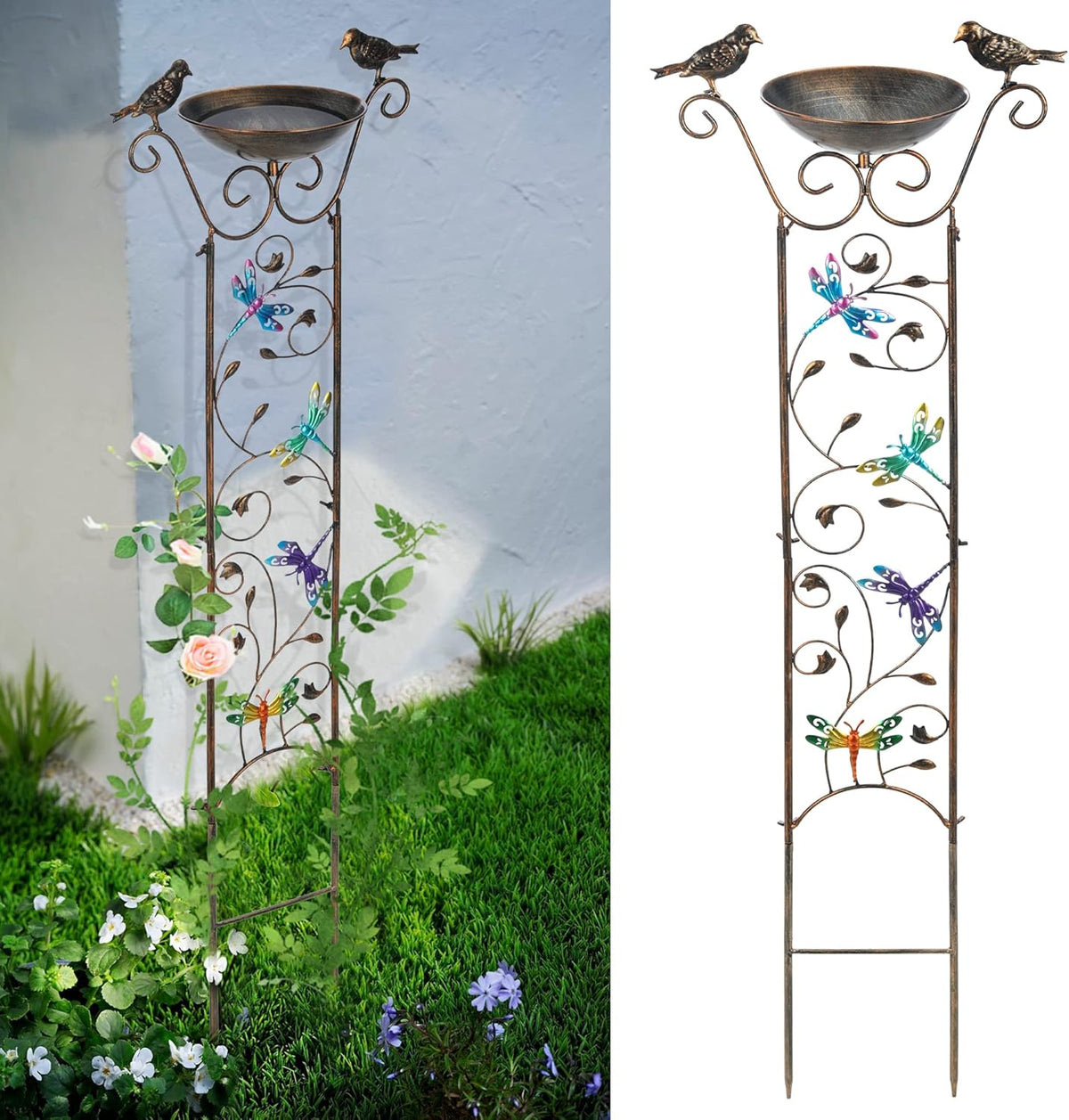 SUNNYPARK Bird Bath with Trellis Outdoor, Antique Garden Iron Plant Trellis with Decorative Dragonfly Detachable Bird Bath Bowl Metal Potted Plant Support for Climbing Flowers