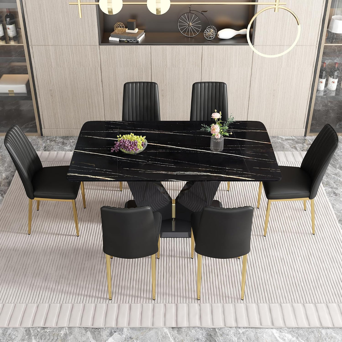 7 Pieces Modern Dining Table Set 63" Black Marble Dining Table Set for Rectangle Dining Room Table and 6 Black PU Leather Chairs for Kitchen, Office, Meeting Room, Restaurant
