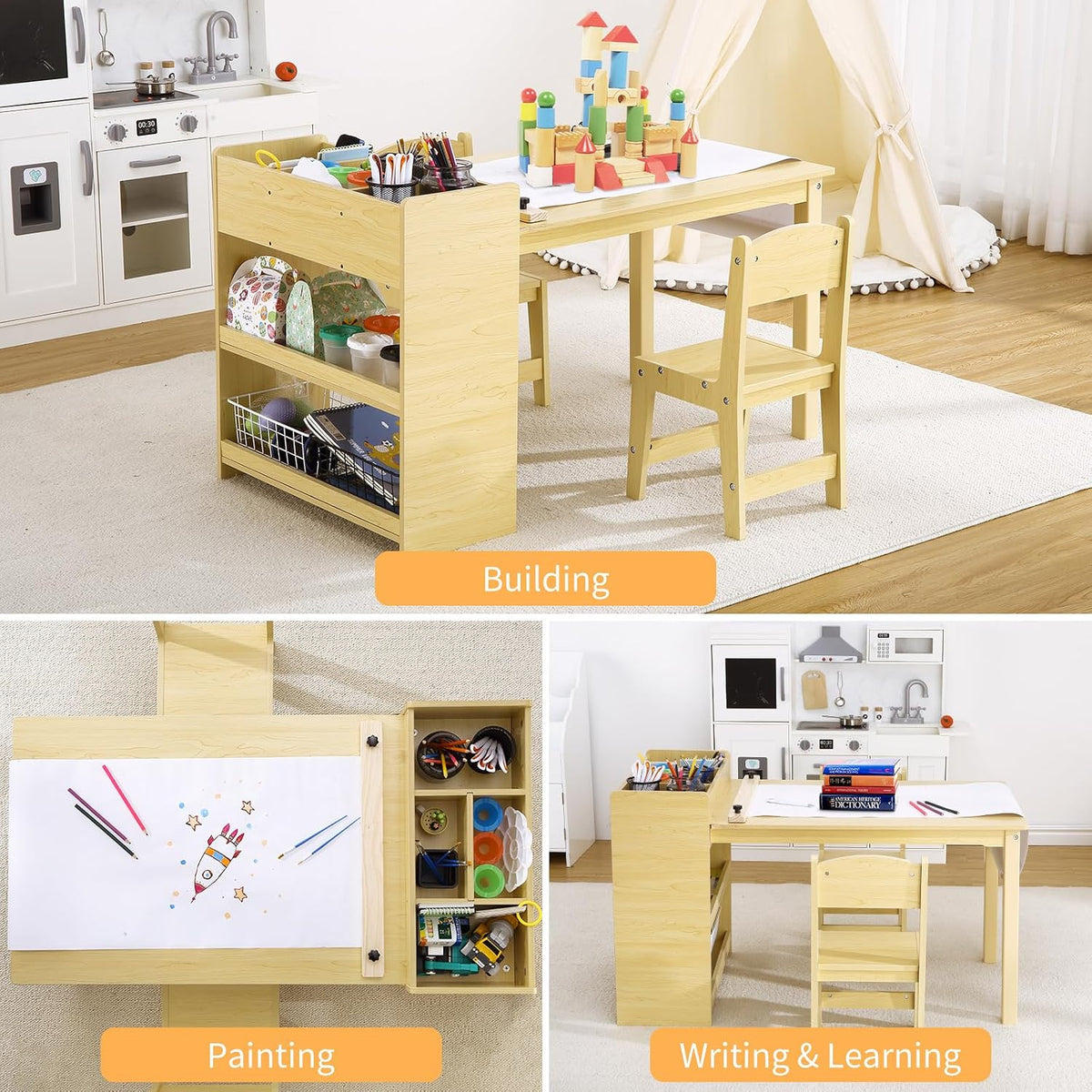 Kids Art Table with 2 Chairs, Toddler Craft Play Wood Activity Desk with 3-tier Storage Shelves for Writing Drawing, Children's Wooden Furniture Table and Chairs Set for Playrooms & Classroom
