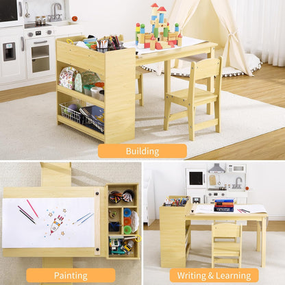Kids Art Table with 2 Chairs, Toddler Craft Play Wood Activity Desk with 3-tier Storage Shelves for Writing Drawing, Children's Wooden Furniture Table and Chairs Set for Playrooms & Classroom