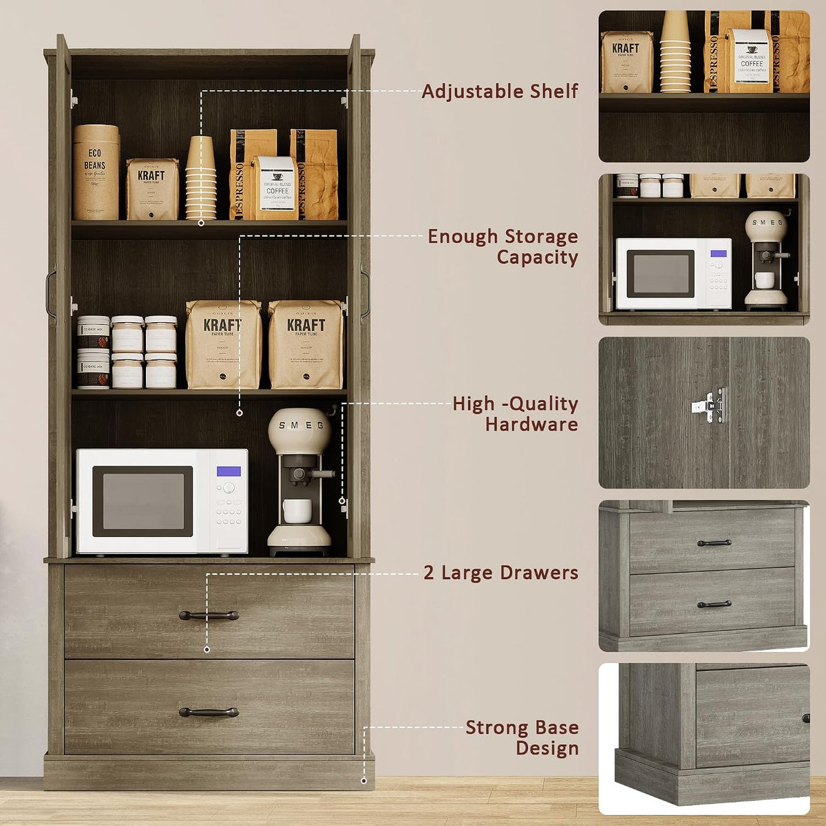 Takywep Freestanding Farmhouse Pantry Cabinet with Barn Doors, Adjustable Shelves & Large Drawers,Versatile Kitchen Storage Cupboard for Dining or Living Room,Pastoral Gray