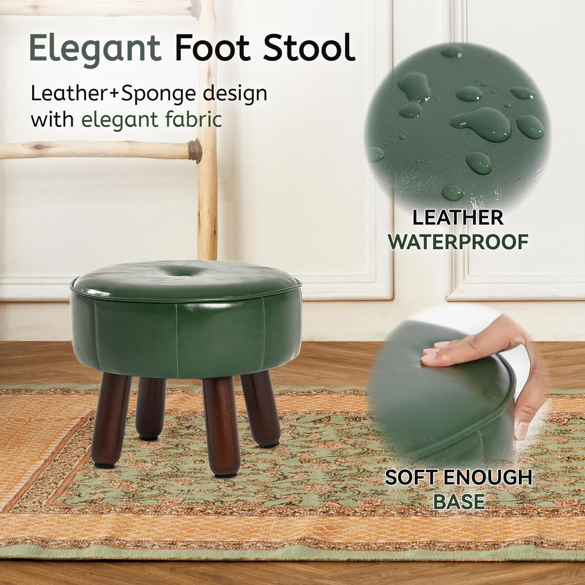 oakvivo 13in Small Foot Stool Ottoman, Round Faux Leather Foot Rest for Couch, Under Desk Pouf Footstool Footrest with Non-Skid Rubber Legs for Ling Room, Bedroom, 13''L x 13''W x 10.2''H, Green