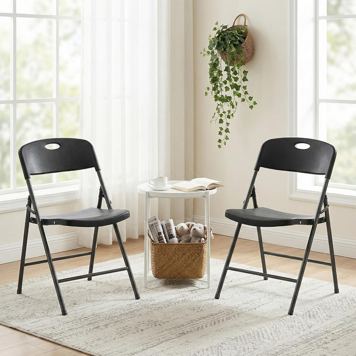 DUMOS Folding Chairs 2 Pack, Dining Chairs, Outdoor Home Office | Plastic Portable Stackable, Metal Frame, Indoor Party Event, Wedding Birthday, Black