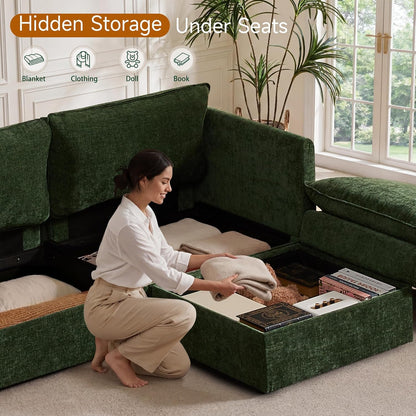 Myroyalsit Modular Sofa with Storage, 135" Sleeper Sofa Bed Sectional Cloud Couch, Oversized Fabric Couch with Movable Ottoman, 8 Seat Modern Deep Seat Sofa for Living Room (Green Chenille)