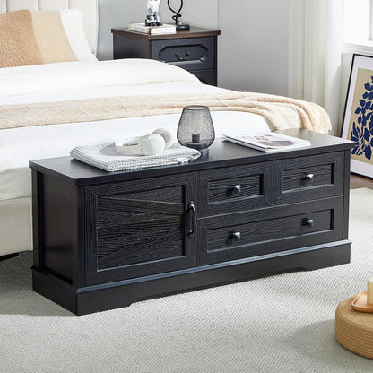 SOOWERY 48 Inch End of Bed Storage Bench, Farmhouse Bed Bench with Drawers and Cabinet, Rustic Shoe Storage Bench for Entryway, Bedroom,Living Room, Black