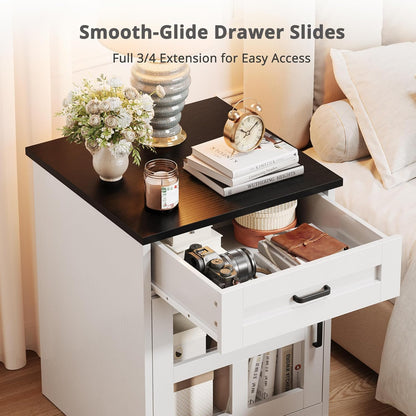 Farmhouse End Table, 18" Side Table with Drawer and Barn Door Storage, Wood Sofa Side Bedside Table for Living Room, Bedroom (White)