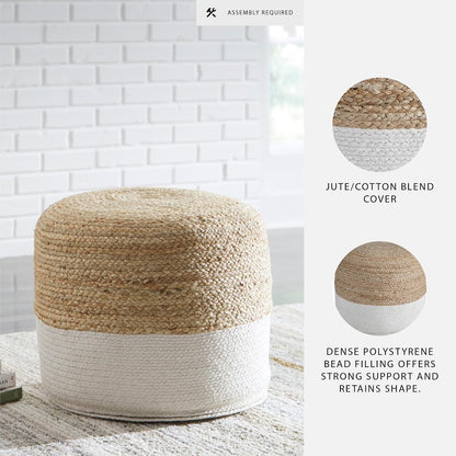 Signature Design by Ashley Sweed Valley Jute & Cotton Pouf, 19 x 19 Inches, Beige & White