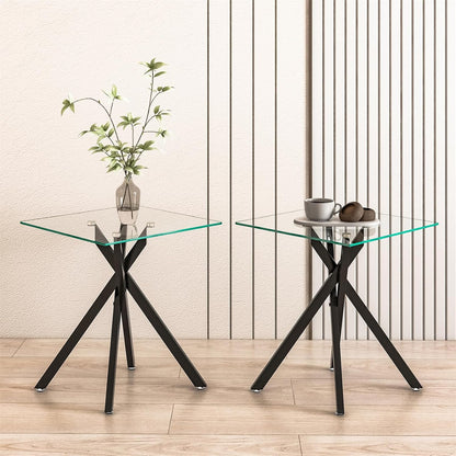 Modern Square End Table with Glass Top, Glass End Side Table for Living Room Office, 17.72 x 17.72 x 20.87 inches, Black Metal X-Base, Adjustable Feet (2, Black)