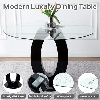 RGZ 47'' Modern Luxury Clear Glass Round Dining Table for 4-6, Glass Circle Top Kitchen Table with Elegant Silver Decorative Strips & Black Base, Circular Apartment Dinner Table for Home, Living Room