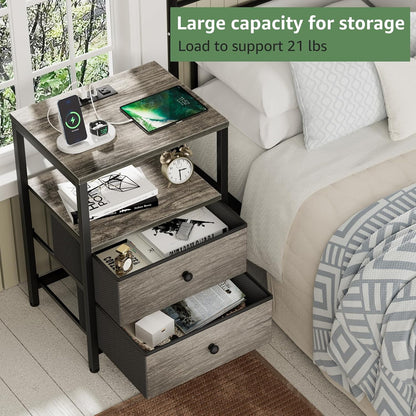 BOLUO Gray Nightstand with Charging Station, LED Night Stand with 2 Fabric Drawers, Bedside Table with USB Ports and Outlets, Nightstand for Bedroom Modern