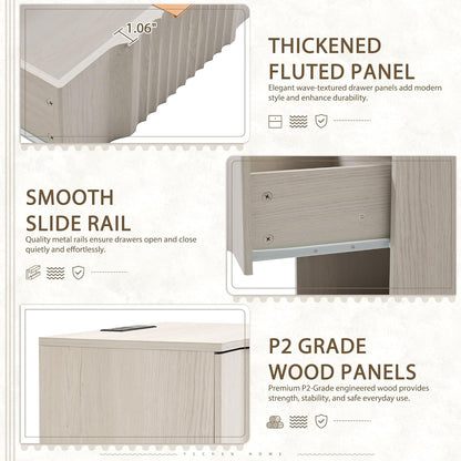Yechen Fluted Nightstand Set of 2 with Ultra-Fast Charging Station, White | Large Drawers, FSC-Certified Wooden Board, Unique Fluted Profile, Metal Handle, Mid Century Modern Bedside Table for Bedroom