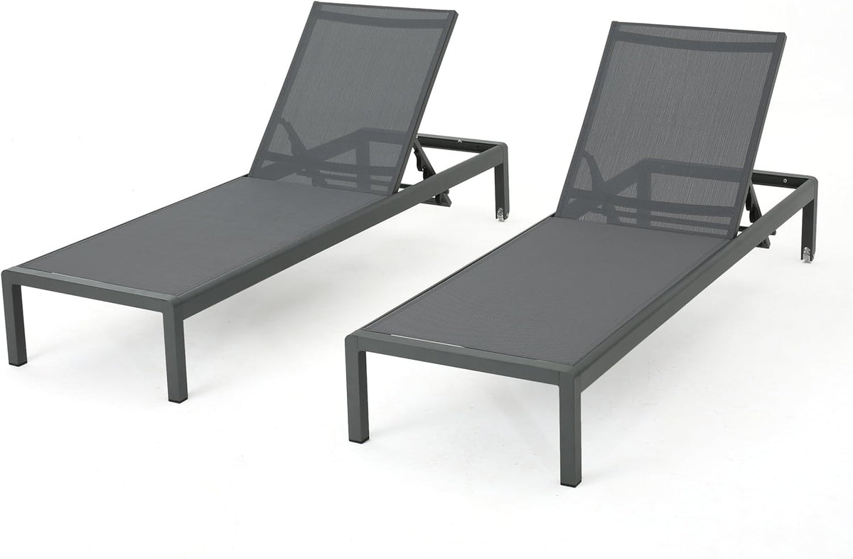 Christopher Knight Home Cape Coral Outdoor Aluminum Chaise Lounges with Mesh Seat, 2-Pcs Set, Grey / Dark Grey