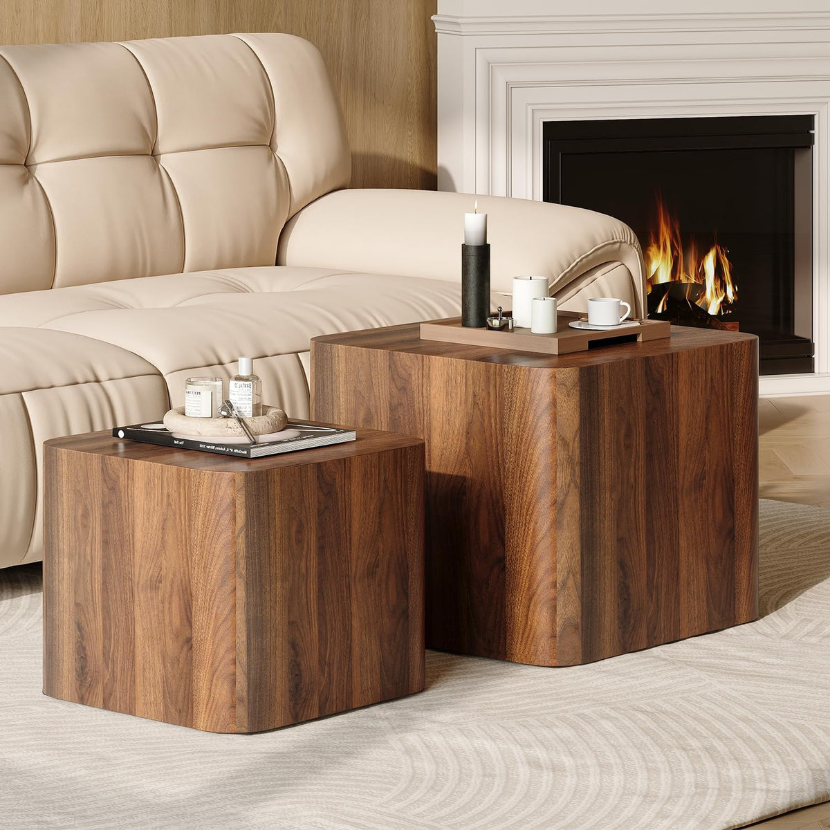 Nesting Coffee Table Set of 2, Modern Coffee Table and End Table Sets, Small Wooden Nesting Side Tables for Living Room Bedroom Apartment(Walnut)