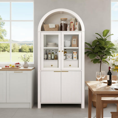 71" Fluted Tall Arched Kitchen Pantry with Glass Door, Farmhouse Storage Cabinet with Adjustable Shelves & Hidden Drawer for Kitchen, Living Room, Dining Room, White