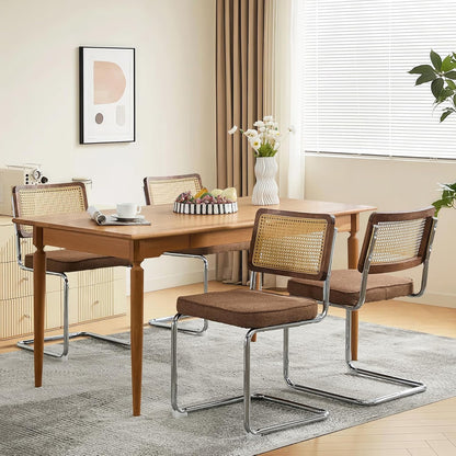 SoarFlash Linen Dining Chair Set of 4 Modern Upholstered Kitchen Chair with Walnut Rattan Cane Back, Stainless Chrome Base for Dining Room, Club(Coffee)