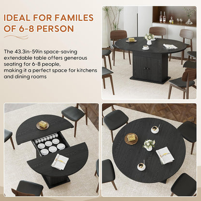 43.3in-59in Extendable Round Dining Table for 4-8, Modern Expandable Kitchen Oval Dining Table, Space Saving Circle Dining Room Table with Storage Shelf for Kitchen Living Room