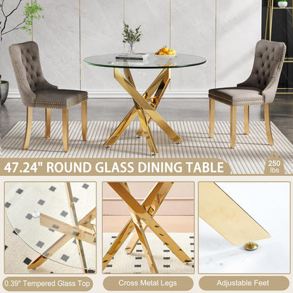 47.24" Round Dining Table for 6 8, Modern Clear Glass Kitchen Table for 6 with Gold X Metal Legs, Contemporary Circle Dining Room Leisure Tables for Kitchen Apartment