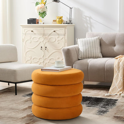 19.5 Inch Round Storage Ottoman, Modern Velvet Ottoman Coffee Table with Removable Top, Orange Vanity Stool with Storage for Bedroom, Living Room, Dorm, Set of 2