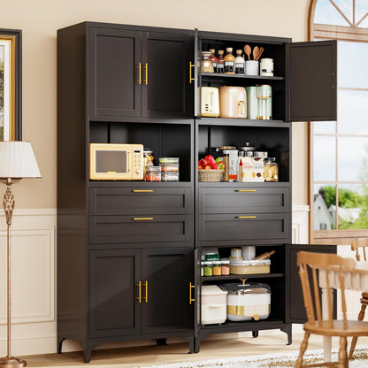 75” Tall Kitchen Pantry Storage Cabinet, Metal Storage Cabinet with 2 Drawers and Adjustable Shelves, Kitchen Pantry Cupboard, Freestanding Cupboard for Bathroom, Living Room(Black)